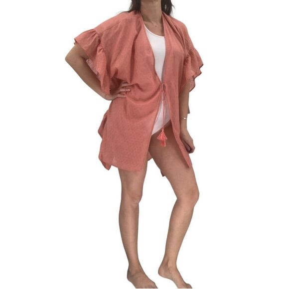 Fortune Swimwear Lucie Ruffle Kimono Cover Up In Dark Blush - Picture 6 of 6